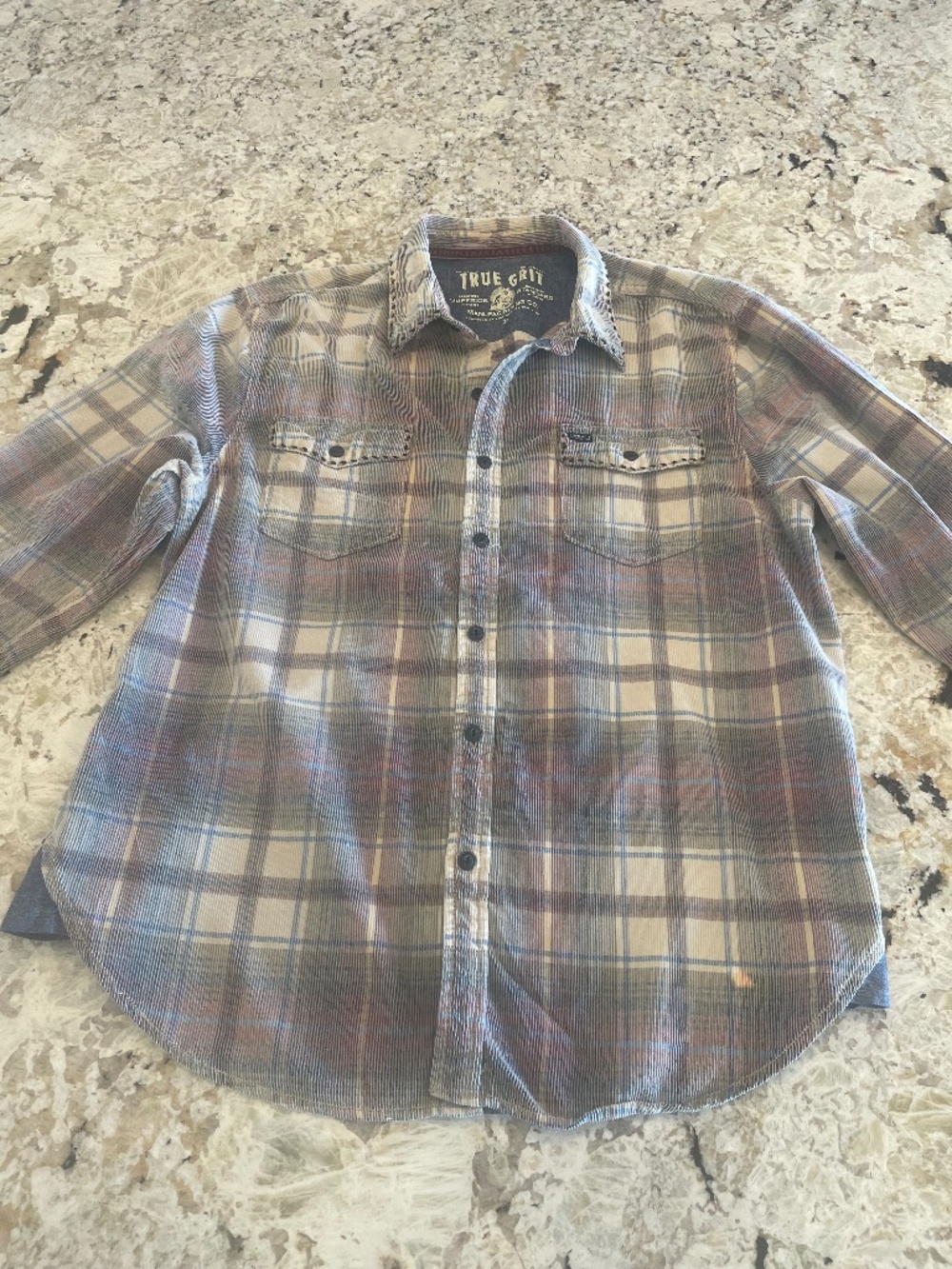 True Grit Indigo Canyon Corduroy Plaid Shirt Vintage-Washed Western Hand-Stitch